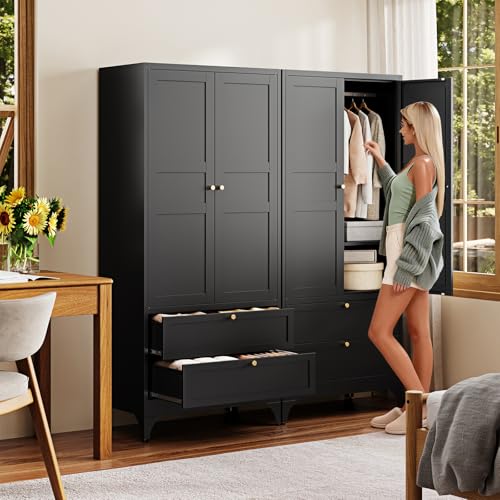 Image of Letaya 71 inch Metal Wardrobe Cabinets with 2 Drawers,Steel Armoire Wardrobe Closet with Doors and Shelves,Clothing Storage Cabinets with Hanging Rod for Bedroom, Gym, Cloak Room,Black