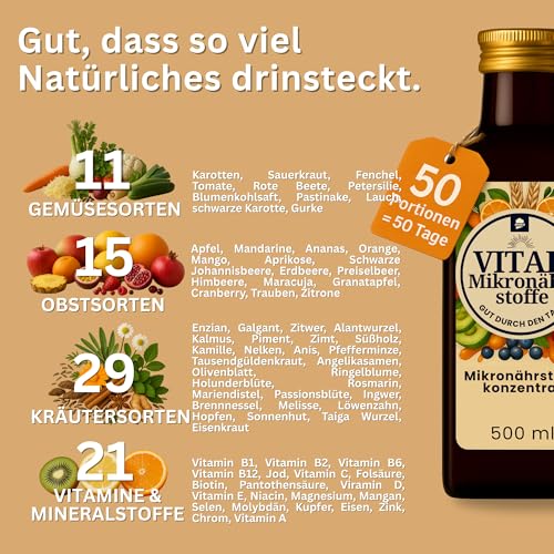 Vital Mikronährstoffkonzentrat für 50 Tage - Multivitamin Formel mit Vitaminen, Mineralstoffen und sekundären Pflanzenstoffen - Getränkekonzentrat mit über 65 Zutaten