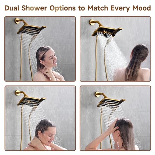 Image of BRIGHT SHOWERS Dual Shower Head with Handheld, High Pressure Rainfall Shower Head Combo, 60-Inch Stainless Steel Hose, Brushed Gold