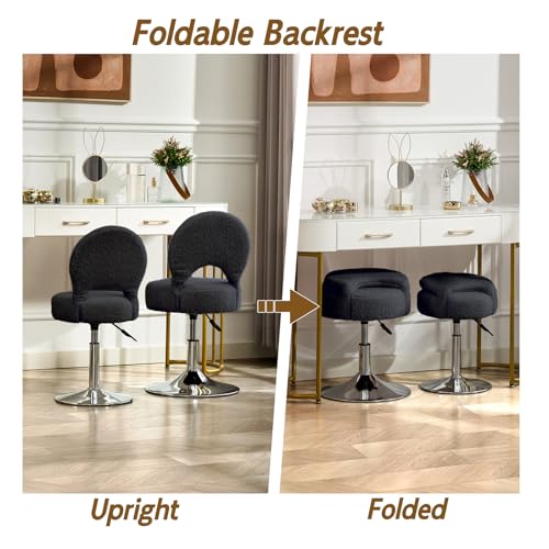 Image of Adjustable Small Vanity Chair with Folding Back for Makeup | 360 Swivel Vanity Stool for Dressing Room | Comfy Teddy Ottoman Stool for Bedroom | Large | Black