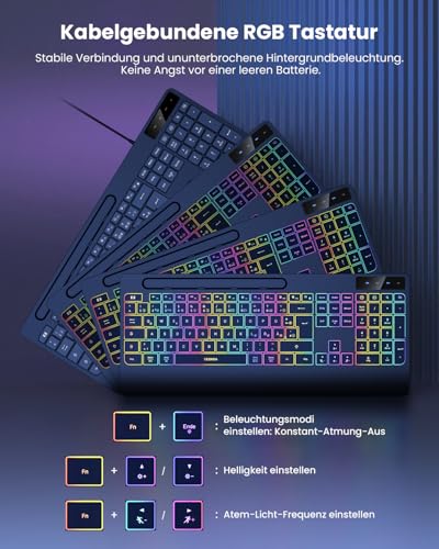 Miniatura 2 de Seenda Teclado Con Cable Iluminado, Teclado Ergonómico Con Soporte Para Teléfono Móvil Y Reposamuñecas Para Pc Tableta Smarthandy Windows Mac, Cable Usb Y Tipo C, Clic Silencioso, Diseño Qwertz, Color