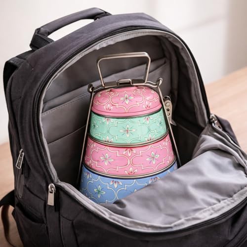 Image of iHandikart Handpainted Decorative Lunch Box Tiffin | Multiple Tier Stainless Steel Food Box | Designer Indian Print Tiffin for School | Diwali Gift, Navratri Gift (Color - Multicolor)