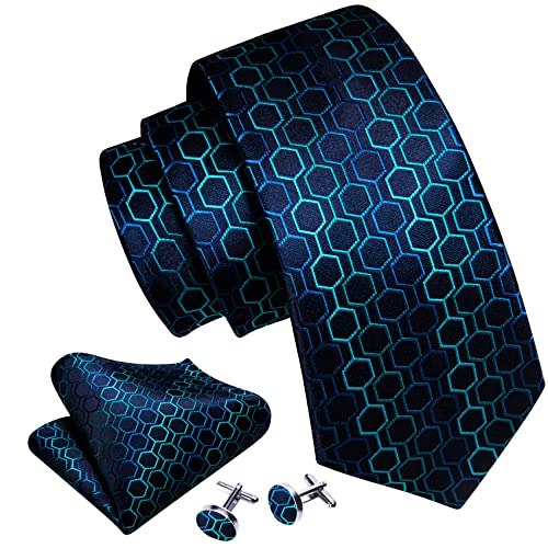 Image of Barry.Wang Classic Mens Ties Silk Necktie Pocket Square Cufflinks Set Woven Designer Wedding Business