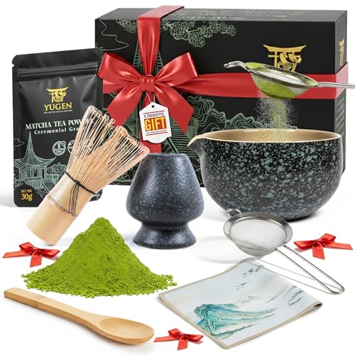 YUGEN MATCHA 7 Piece Matcha Whisk Set, Includes 30g Ceremonial Grade Matcha Powder, Metal Sifter, Bamboo Whisk, Whisk Holder, Bamboo Spoon, Tea Cloth, Matcha Bowl, Tea Set, Ceremony Set