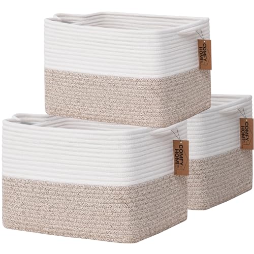 Image of COMFY-HOMI 3-Pack Cotton Rope Woven Basket with Handles for Shelves, Books, Toys, Cloth Storage|Towel Storage|Nursery Baby Basket - 13.5" x 11" x 9.5" for Living Room (White/Brown)
