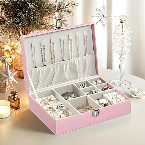 Image of Kuber Industries Leather Single Jewellery Box with Lockable for Women | Accessories Holder Case Ring Earring Organizer for Gift Friendly | Pink