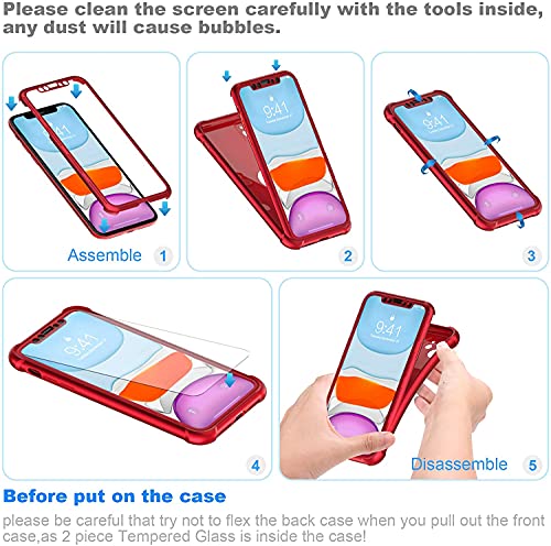 Image of ORETECH Designed for iPhone 11 Case, with[2 x Tempered Glass Screen Protector] 360A‚ Full Body Heavy Duty Shockproof Protection Cover Hard PC Soft Rubber Silicone for iPhone 11 (2019) - 6.1'- Red