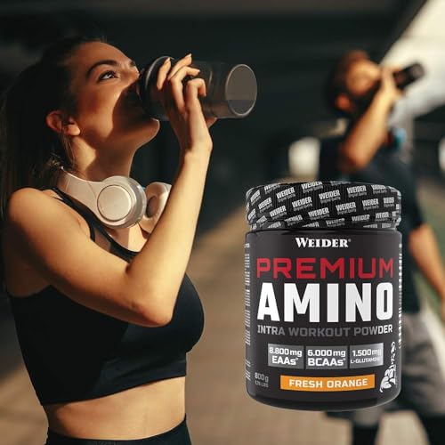 Foto von WEIDER Premium Amino Intra Workout Drink mit EAA/ BCAA Aminosäure Komplex hochdosiert, mit L-Glutamin, Elektrolyten und Dextrin für mehr Energie beim Training, Fresh Orange, 800g