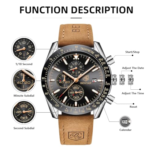 Image of BENYAR Mens Watches Quartz Movement Chronograph Leather Strap Fashion Business Sport Design 30M Waterproof Scratch Resistant Elegant Gifts for Men