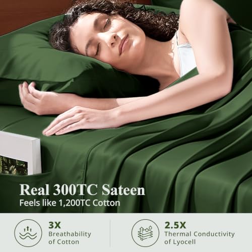 Image of Queen Size Sheet Set, Viscose Bamboo Sheets for Bed Set 4pcs, 100% Viscose Derived from Bamboo, Hotel Luxury Silky & Cooling for Hot Sleepers, Deep Pocket Up to 17 inch, Olive