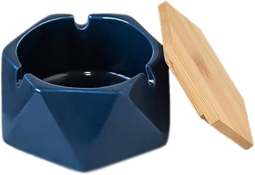 JHNIF Cenicero de cerámica geométrico simple con tapa de bambú.