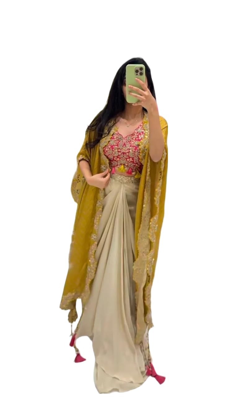 royalstyle Women Dhoti Set with Printed Shrug and Sequin Embroidered Blouse and 3 Piece Ethnic Outfit Set-picture-15