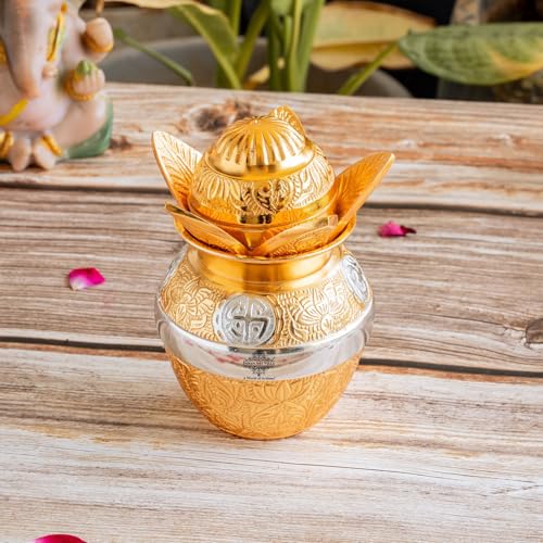 Image of Indian Art Villa Silver Plated Gold Polished Mangal Kalash with Coconut, Width Decorative Kalash for Pooja, Lakshmi Puja, Griha Pravesh, Temple & Festive Gifting, 3.8 Inch