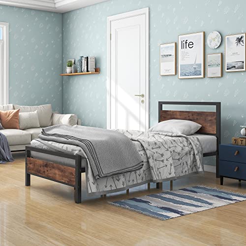 Bofeng Twin Size Bed Frame With Vintage Wood Headboard Farmhouse Bed,Heavy Duty Metal Platform Bed Frames No Box Spring Needed,Firm Mattress Foundation Steel Slat Support Easy Assembly(Rustic Brown) #TOP3