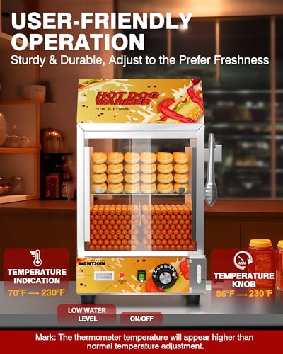 Image of WantJoin Hot Dog Steamer - 28.8QT Adjustable Temperature Electric Hot Dog Steamer with Bun Warmer, Visible Glass Sliding Door, Suitable for 175 Hot Dogs &40 Buns