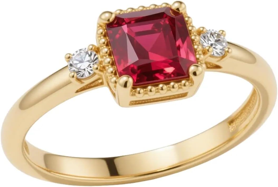 10K 14K 18K Solid Gold Ruby Promise Ring for Women 6.5mm Princess Cut Lab Created Ruby with Moissanite Anniversary Ring for Gifts