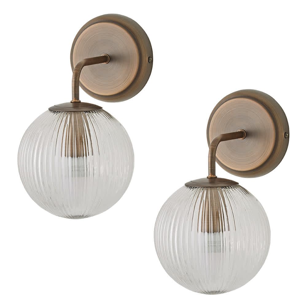 ValueLights | Kempton Pair of Brushed Brass Ribbed Glass Globe Shade Wall Lights | Wall Lights, Home Décor & Improvement Essential | Mains Wired