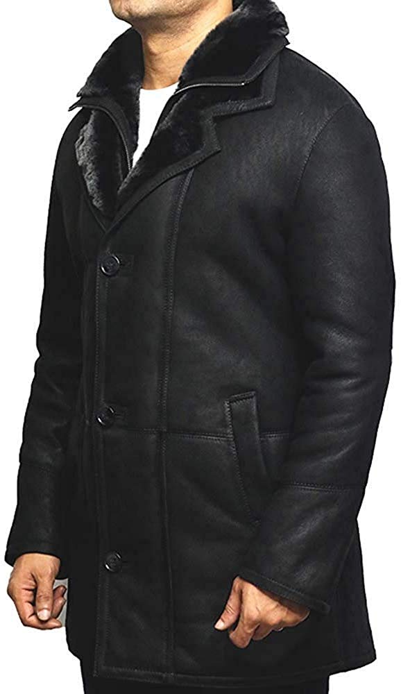 BRANDSLOCK Herren Schaffell Lammfell Leder Warm Duffle Trench Coat