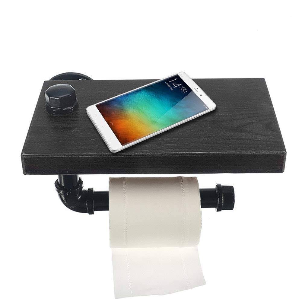 JF-XUAN Bathroom Shelves Industrial Retro Iron Toilet Paper Holder Hotel Roll Paper Hanging Rack Wooden Shelf with Phone Holder Toilet Tissue Box