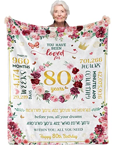 Teslite 80th Birthday Gifts for Women, Gift 80 Year Old Woman, 1942 Ideas Throw Blanket Decoration Mum Friend Grandma 127 x 152 cm, 80th Birthday - White