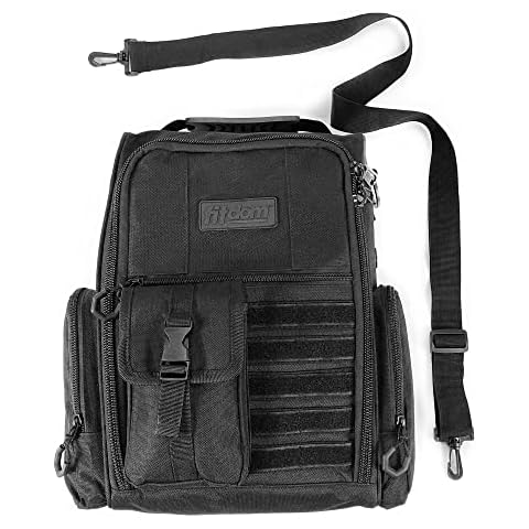 Fitdom Golf Shoe Bag with Shoulder Strap - Tactical Style Premium Zippered Black Carrier Bags with Padded Shoes Divider, Ventilation & Multiple Outside Pockets for Socks Tees Gloves Brush & Other Gear Cover