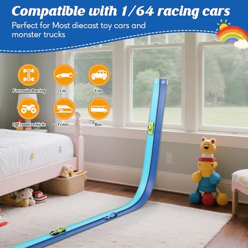 Image of Flexible Race Car Track 15 Ft Starter Set with Suction Cups Compatible with Diecast 1 /64th Car for Ages 3 & Up Classic Long Rolls Up Portable Racetrack