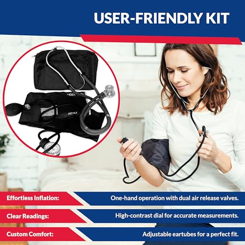 Image of Blood Pressure Monitor and Sprague Stethoscope Kit - 2-Pack, Adult Aneroid Sphygmomanometer with Dual-Head Stethoscope, Adjustable BP Cuff, Carrying Case & Accessories - Black