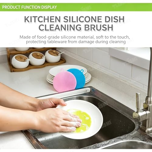 Image of Cleaning Sponge Silicone Scrubber for Kitchen Scrubber Fruit and Vegetable Washing Brush Round Scrubber Pad Multipurpose Silicone Dishwashing Tools (Multicolor) (4)