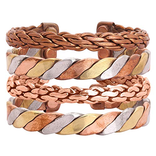 iCraftJewel Set of 4 Handmade Tibetan Copper Bracelets Adjustable Magnetic India Pattern Unisex Spiritual Yoga Meditation Mantra Jewelry
