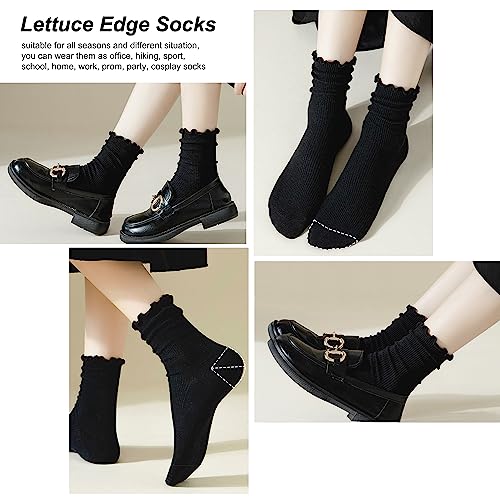 Image of UTTPLL Womens Cotton Crew Socks Ruffle Turn-Cuff Fashion Princess Lettuce Ankle Socks Athletic Thin Gift Dress Socks
