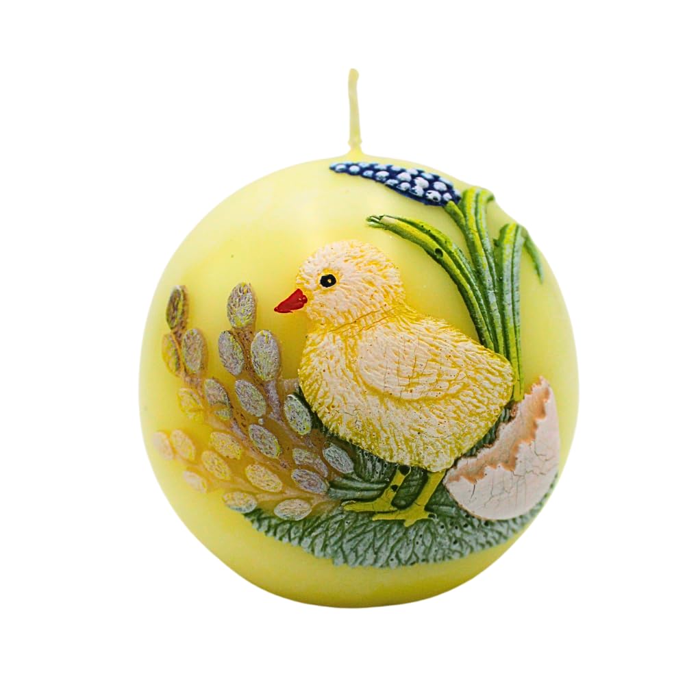 Dekohelden24 Easter Candle, Chick Candle, Ball Candle with Appliqué in Delicate Yellow, Hand Painted, Diameter 8 cm