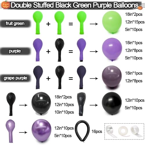 Image of Black Purple Balloon Garland Arch Kit, Double Stuffed Purple Black Balloons Lime Green Lavender Balloon Arch for Wedding Birthday Baby Shower Gothic Wednesday Party Decorations