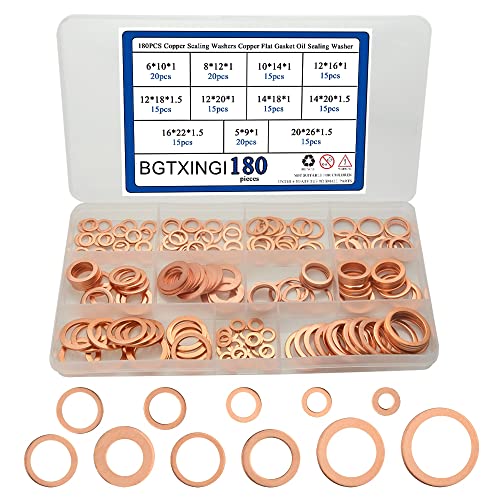 BGTXINGI 180Pcs 11 Kinds Copper Sealing Washers Copper Flat Gasket Oil Sealing Washer Box M5 M6 M8 M10 M12 M14 M16 M20