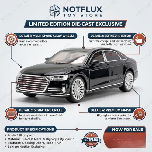 Image of 1:24 Audi A8 Diecast Model Car | Luxury Sedan Toy with Light & Sound | Alloy Metal Pull Back Car | Openable Doors | Best Gift for Kids & Collectors [Multicolor] [Pack of 1]