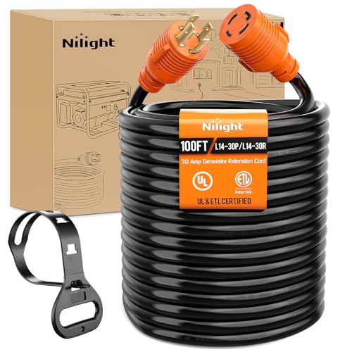 Image of Nilight 30 Amp 100FT Generator Extension Cord 125 /250V 7500 Watt Heavy Duty 10 Gauge Pure Copper STW Wire ETL Listed 4 Prong L14-30P L14-30R Cable for RV Camper Outdoor Use