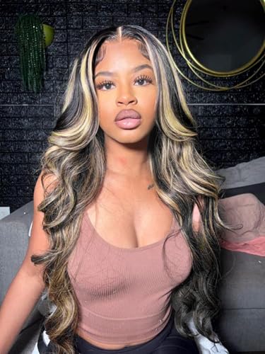 Image of MUZOJET 1B /27 Highlight Ombre Balayage 13x6 Lace Front Wigs Human Hair Black and Blonde HD Transparent Lace Front Wig Human Hair Pre Plucked with Baby Hair for Black Women 180% Density 26 Inch