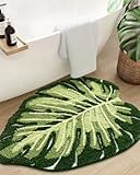 DEXI Leaf Bathroom Rugs Monstera, 23.5x31.5 Tropical Plant Shaped Bath Mat Green, Washable Shower Floor Bathmat Toilet Carpet Non Slip