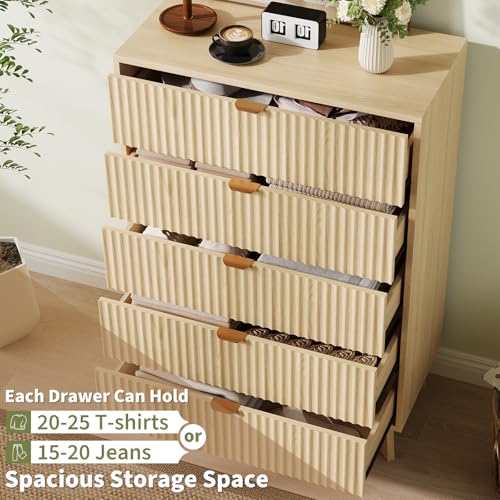 Garvee 5 Drawer Dresser, 32 Inch Tall Mid Century Modern Dresser Drawers, Waveform Fluted Side Table, Wood Drawer Organizer for Bedroom Living Room, Hallway, Natural Oak
