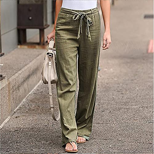Casual Pants for Women Solid Color Loose Drawstring Elastic Wide Leg High Waisted Comfy Trousers with Pockets2