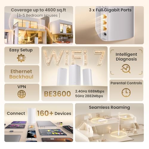 Image of Tenda WiFi 7 Mesh System BE3600 - Dual Band Mesh WiFi System for Home, Covers Up to 4,600 Sq. Ft., Seamless Mesh Network with 3 Gigabit Ports, Supports 160+ Devices, MLO, VPN, 4K QAM, ME3 Pro (2-Pack)