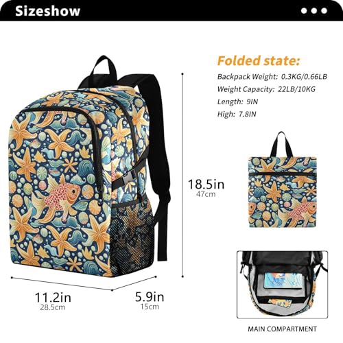 Lightweight Casual Waterproof Daypack Lightweight Packable Hiking Backpack,18.5" Foldable Travel Backpack for College,Hiking,Gym​,Goldfish Pattern Design3