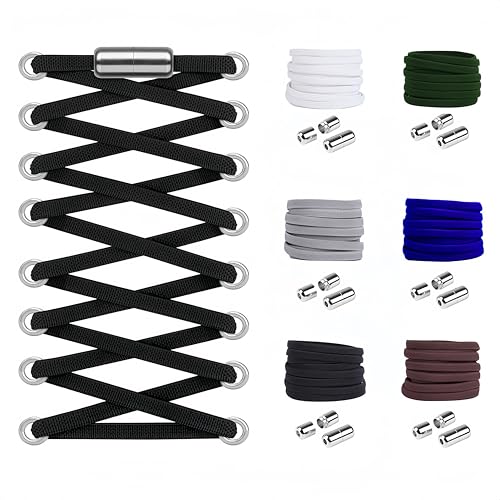 Widamin 6 Paia piatti Elastici Lacci con capsula in metallo, No Tie Lacci in Gomma Elastica per corridori, bambini e anziani, Nero+Bianco+Grigio+Blu scuro+verde militare+marrone