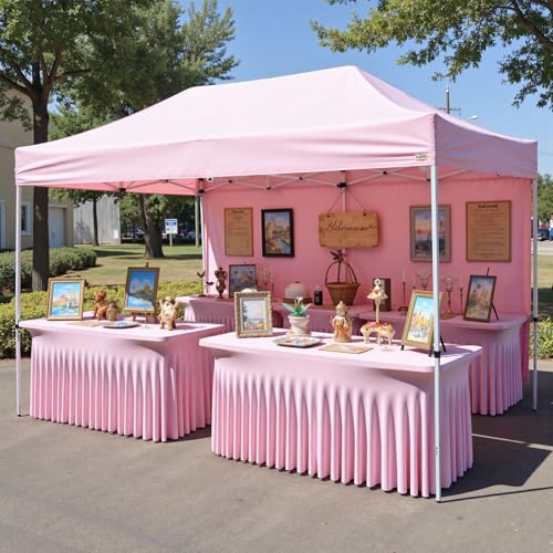 Image of 6 pk Baby Pink Spandex Tablecloth 8ft With Ruffled Table Skirt, Wrinkle Free Stretchy Fitted Tablecloths for 8 Foot Rectangle Tables, Elastic Spandex Table Covers for Weddings Parties Banquet