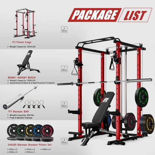 Image of RitFit Multi-Function Garage & Home Gym Package Includes 1200LBS Power Cage PPC03 /P3 with Cable Crossover System, Weight Bench, Olympic Barbell Weight Set, Full Body Workout