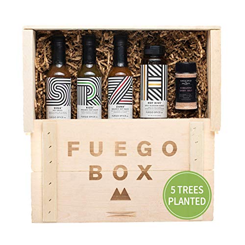Fuego Eco Crate - Spicy Hot Sauce Gift Set That Plants 5 Trees - Includes Hot Hive Spicy Honey, Ghost Pepper Verde, Himalayan Ghost Salt, and Hot Sauces with Habaneros, Ghost, and Carolina Reapers