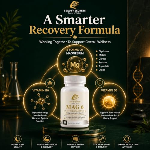 Image of Beauty Secrets Mag 6 - Full Spectrum Magnesium Supplement with Vitamin D3 & B6 | 6 Bioavailable Forms: Glycinate, Malate, Citrate, Oxide, Taurate & Aspartate | Root-Cause Support for Sleep, Calm & Energy | 60 Veg Capsules