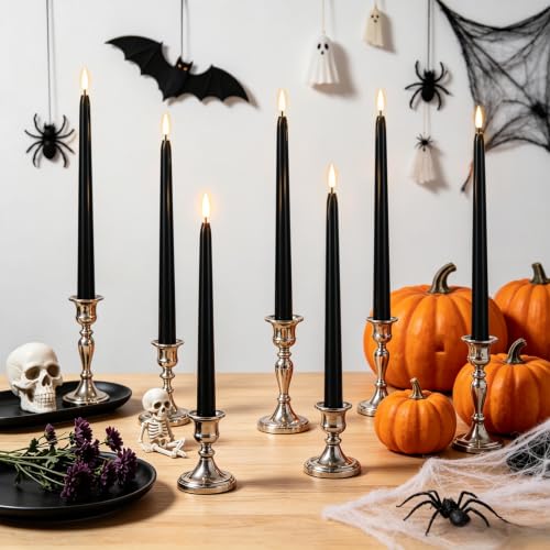 Image of Wondise Halloween Black Flameless Taper Candles with 2 Remote & Timer | Waxy 10 Pack Candles Battery Operated LED Candles with 3D Wick Flickering for Halloween Table Decorations