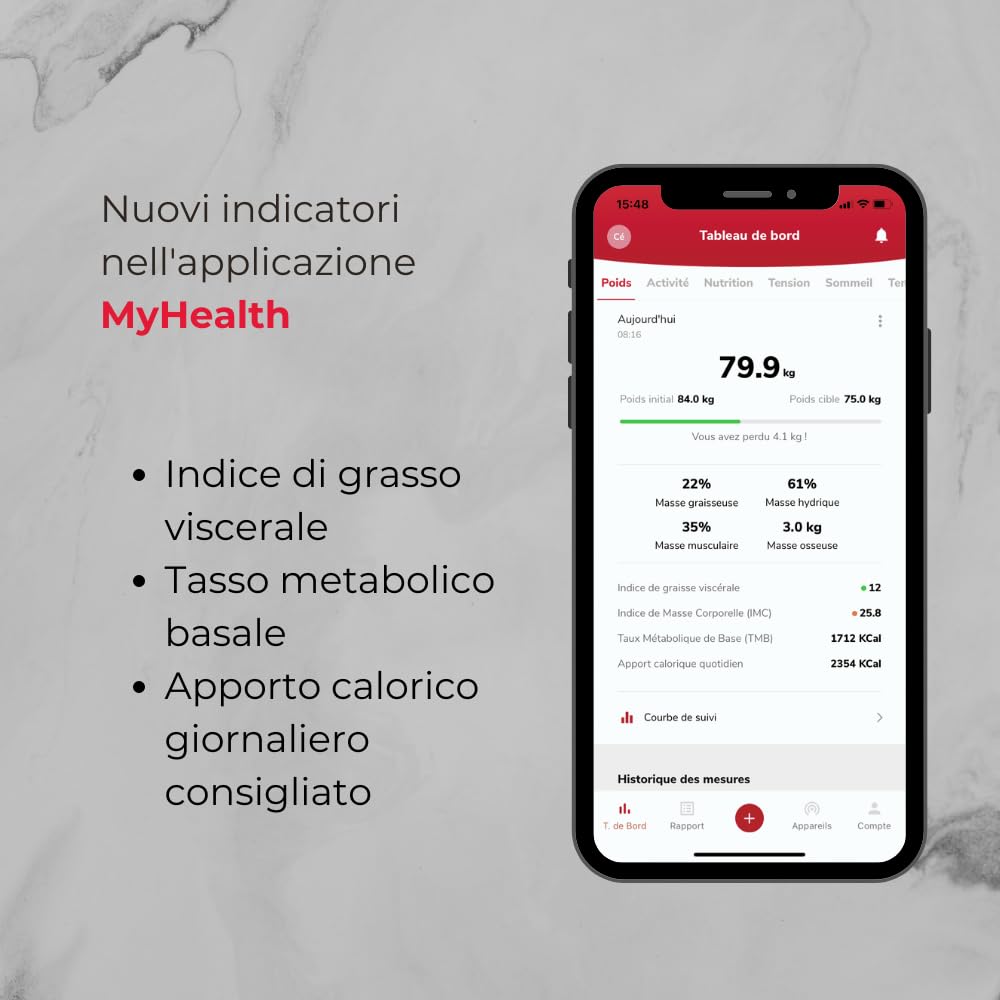 TERRAILLON - MASTER FIT ULTRA Bilancia connessa Wi-Fi, Frequenza cardiaca, Analisi delle masse grasse, muscolare, idrica, ossea e viscerale, BMI, Apporto calorico giornaliero