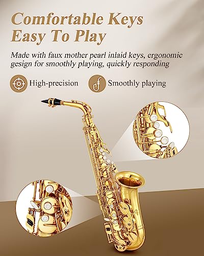 eastar student alto saxophone e flat for beginner sax full kit with carrying case mouthpiece straps reeds stand golden lacquer as-