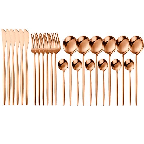 24 Teiliges Besteck Set Edelstahl Rostfrei, Essbesteck Set 6 Personen Spiegelpolierte Besteck Edelstahl Besteckset Inklusive Messer, Gabeln, Löffel und Teelöffel für Haus Küche Restaurant (Roségold) Cover